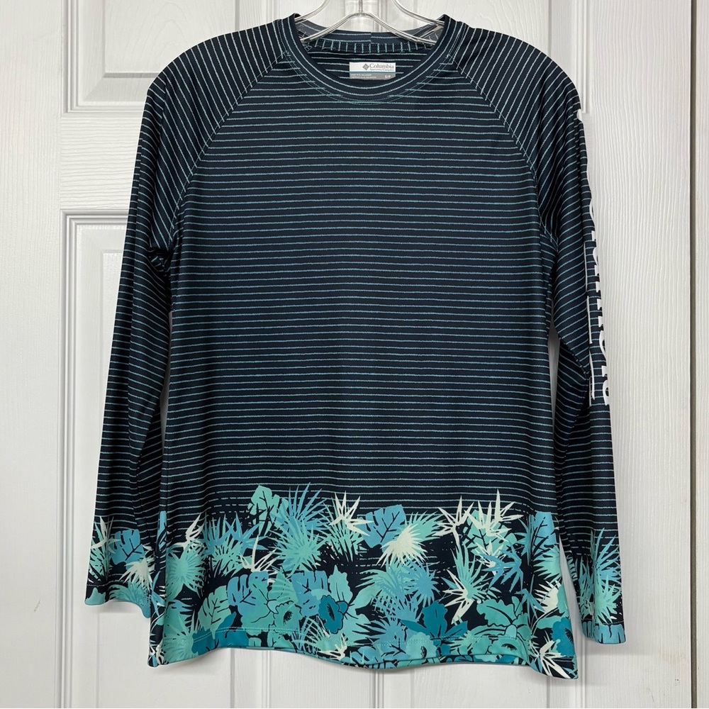 Columbia PFG Omni Shade Rash Guard Super Tidal Floral Stripe Blue Womens Size S